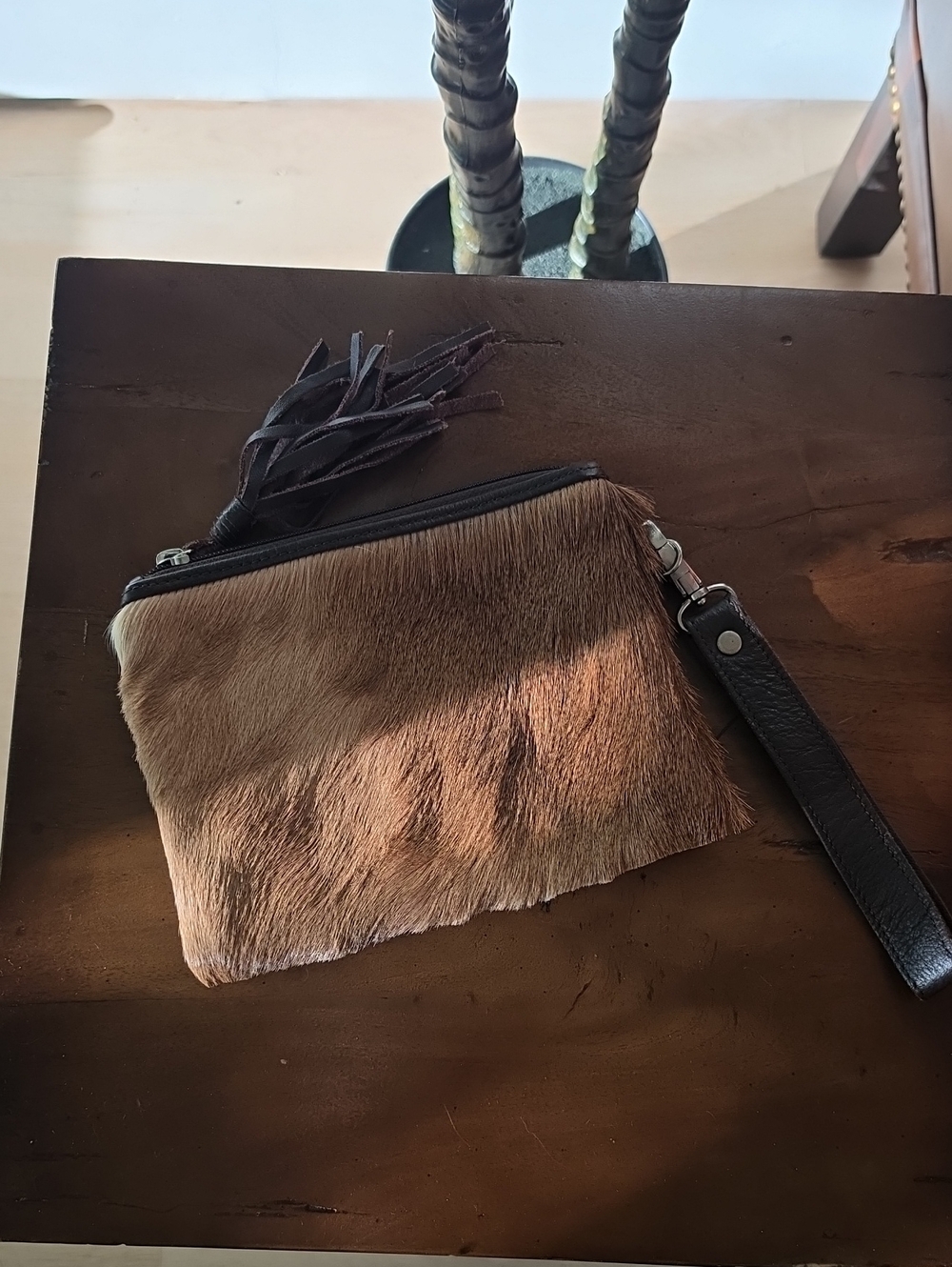 Fringe Leather Wristlet Clutch in Brown & Black